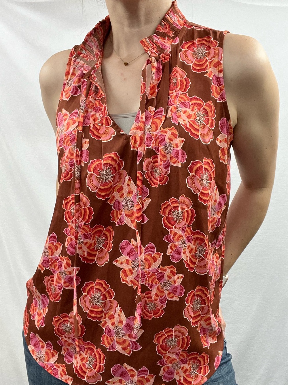LOFT Floral Ruffle Tie-Neck Camisole in Brown and Pink